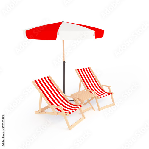 3D sun beach umbrella with two folding chairs with cloth cover with naval pattern and wooden table