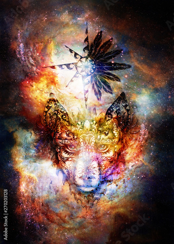 ornamental painting of wolf, sacred animal and ornamental star with feathers in cosmic space.