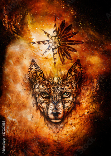 ornamental painting of wolf, sacred animal and ornamental star with feathers in cosmic space. © jozefklopacka