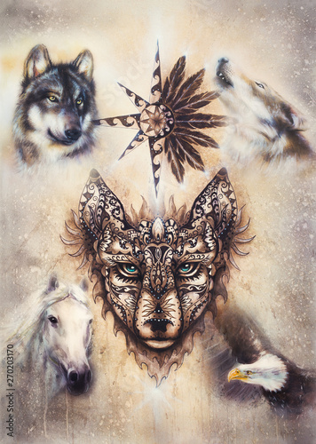 Dekoracja na wymiar  ornamental-painting-of-wolf-sacred-animal-and-ornamental-star-with-feathers