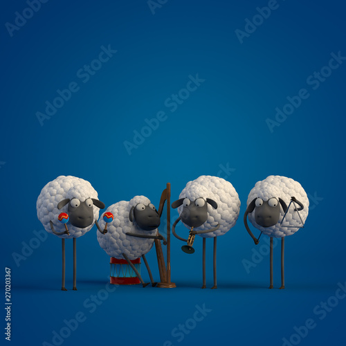 Photo 3d illustration four cute cartoon sheeps playing music on dark blue background