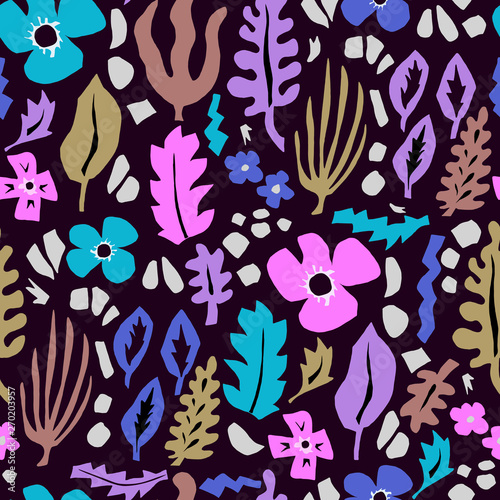 vector colorful pattern with flowers and leaves. Seamless flat background in scandinavian style. 
