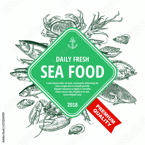Sea food banner. Hand drawn sea animals set. Template for your design works. Vector illustration.