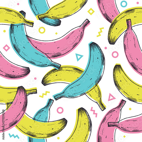 Colored fun banana seamless pattern. 90s style background. Vector illustration