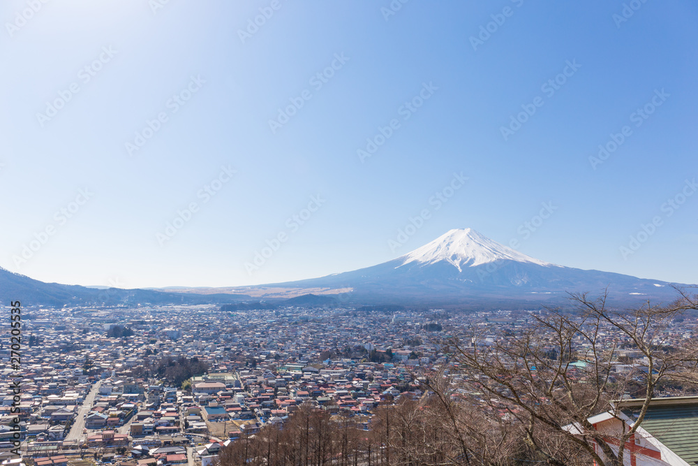 Fuji mountain with blue sky and Fujiyoshida city