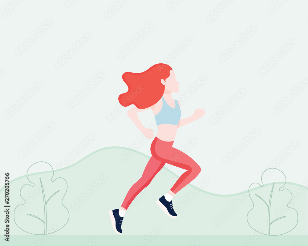 Woman running in the park. sports and fitness jogging. flat design. Vector. illustration.