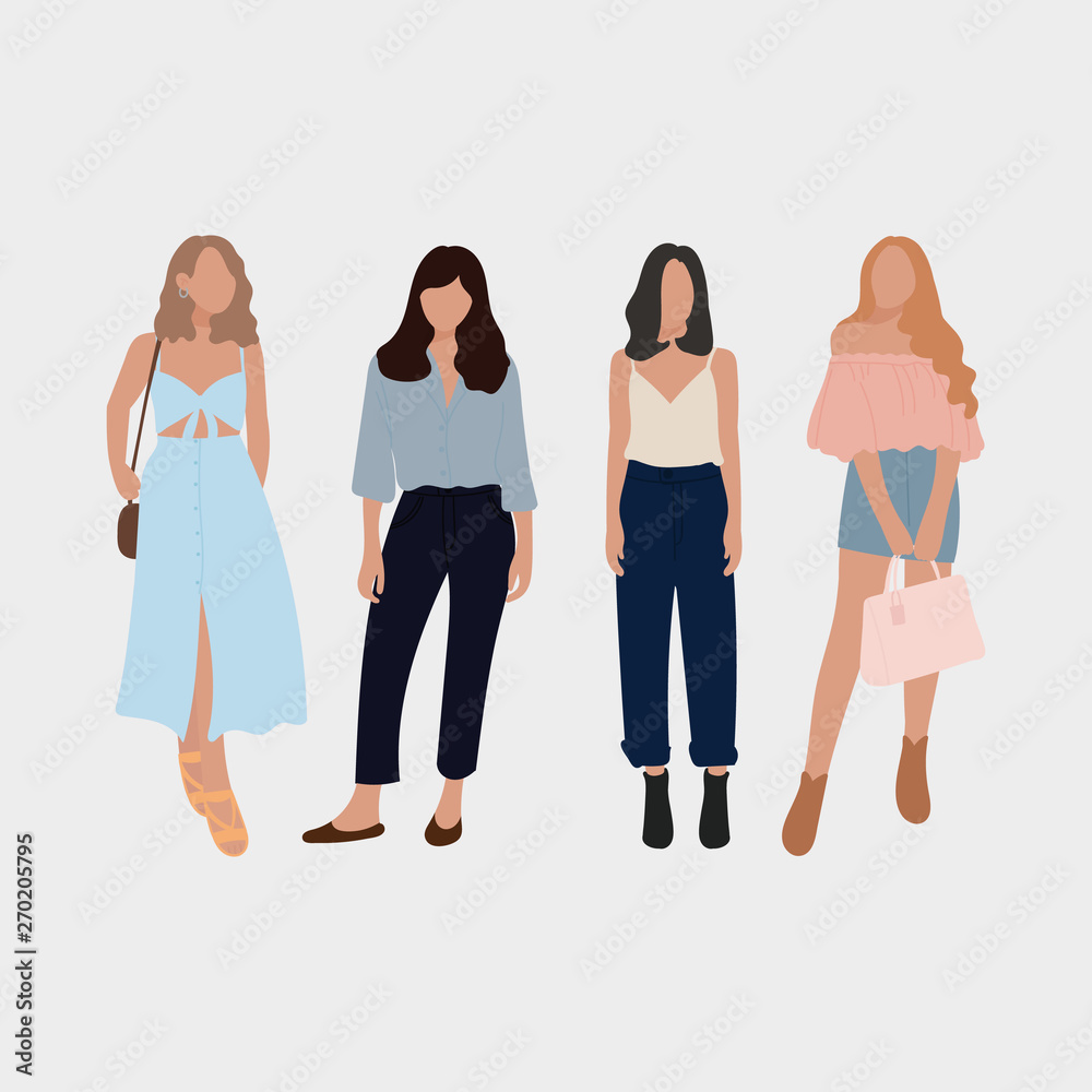 Obraz premium Set of young fashion women, stylish girls. flat design. vector illustration.