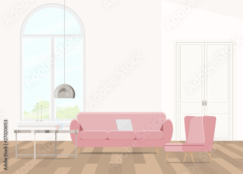 Interior design with pink furniture in pink and a large window.