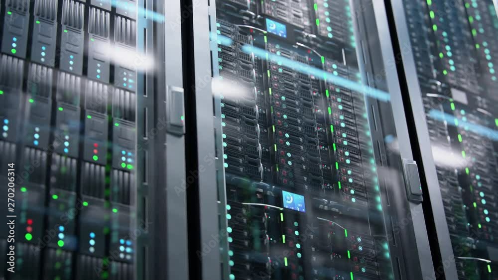Camera moving in data center along the racks with server equipment, close up view. Seamlessly looped photorealistic 3D render animation.