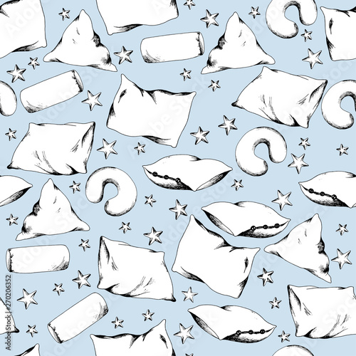 Tender blue pajama sleepover party seamless pattern sketch, universal pillows backdrop, textile, wrapping design