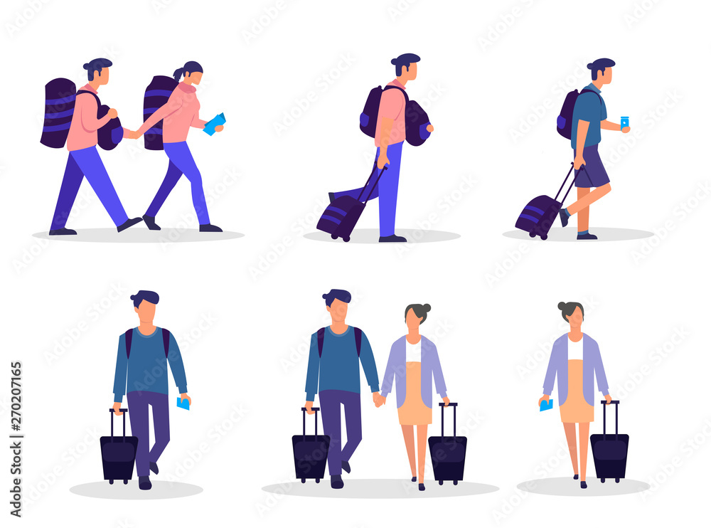Set Different people travel on summer vacation. Happy positive men and women celebrating victory and rejoicing together. to travel. Flat style vector illustration isolated on white background