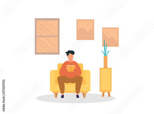 Caucasian white man relaxing with a book on the armchair. Young clever student drinking coffee and reading a novel at home. Vector cartoon illustration isolated on white background. Square layout. 
