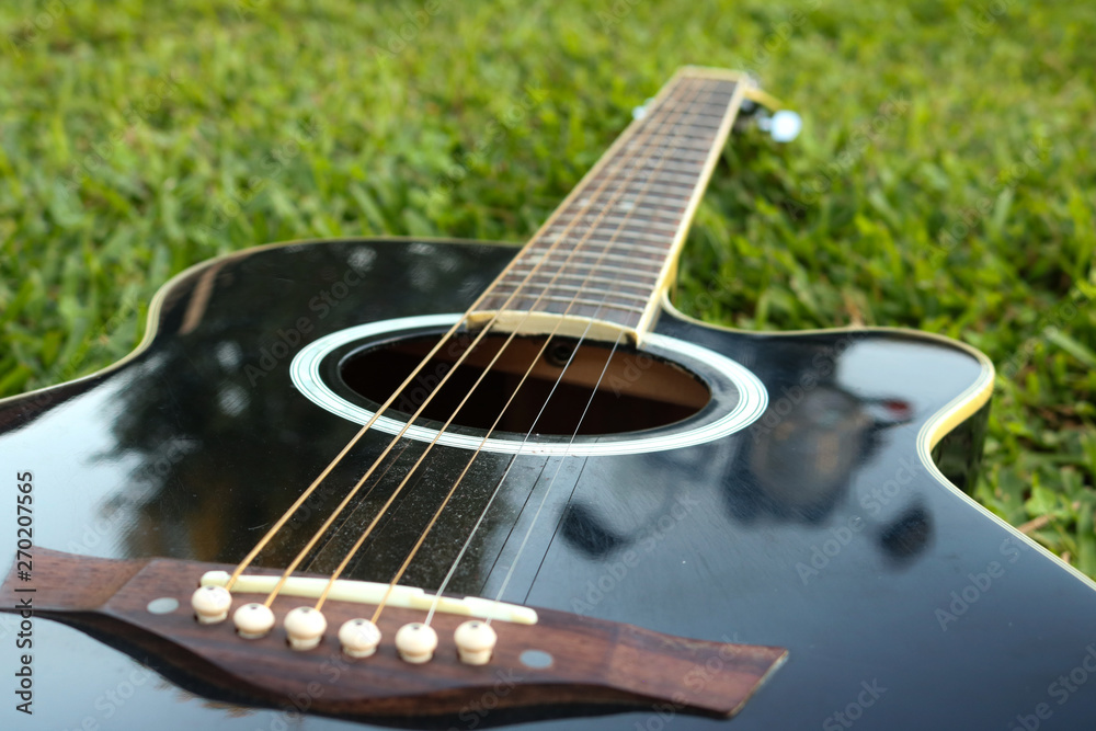 Obraz premium Black guitar lying on the green lawn