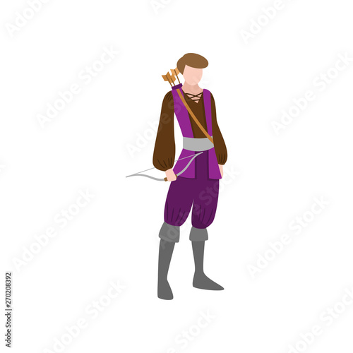 Medieval castle archer man in violet old clothes