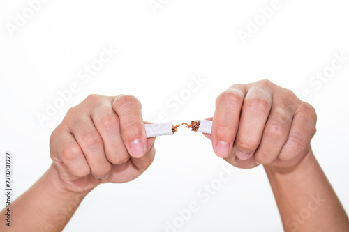 World No Tobacco Day; Woman hand destroying cigarettes isolated on white background and space for text.
