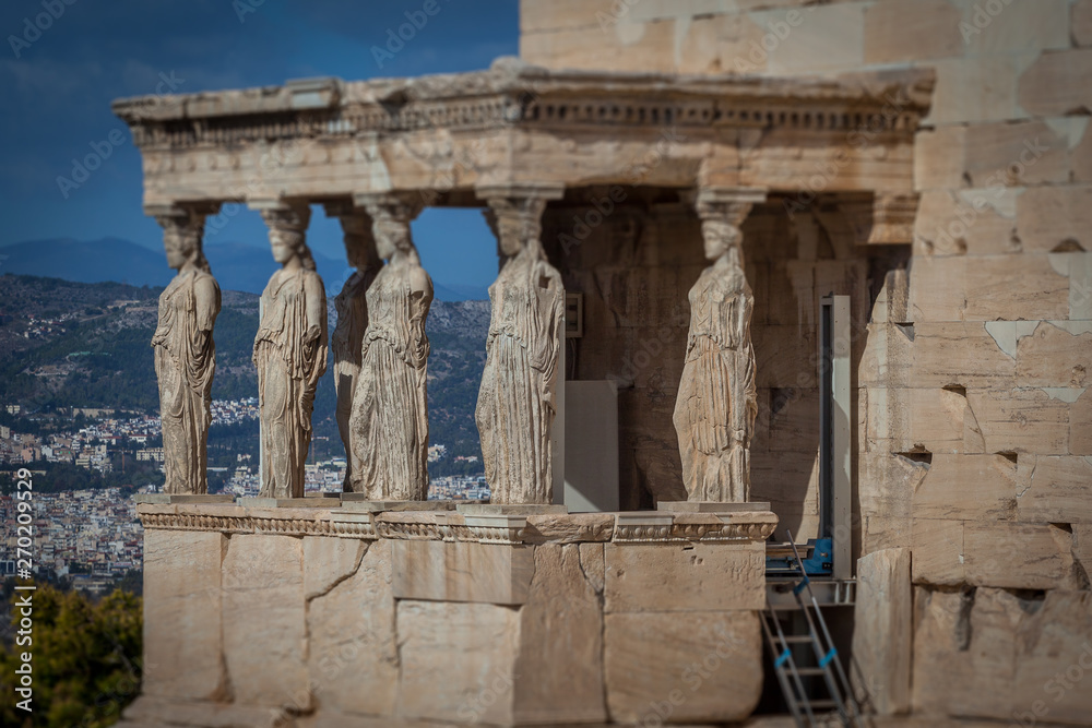 Tilt shift effect of the loggia of the caryatids in the Erechtheum