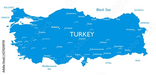 Vector map of Turkey | Outline detailed map with city names photo