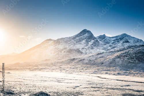 Isle of Skye landscape - winter scenery on Cuillin Hills, snow covered mountains in Scotland