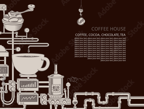 Vector banner on coffee theme with a cup of freshly brewed drink, plant with conveyor coffee production, inscription Coffee House and place for text in retro style. Decorative coffee maker