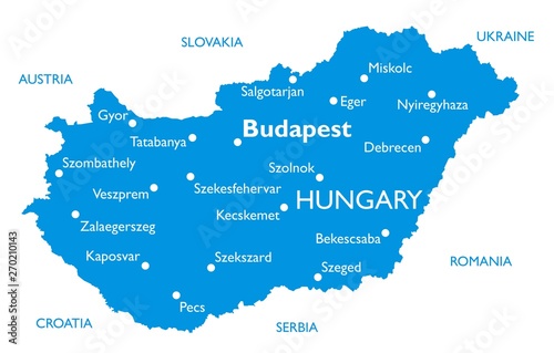Fotografia, Obraz Vector map of Hungary | Outline detailed map with city names