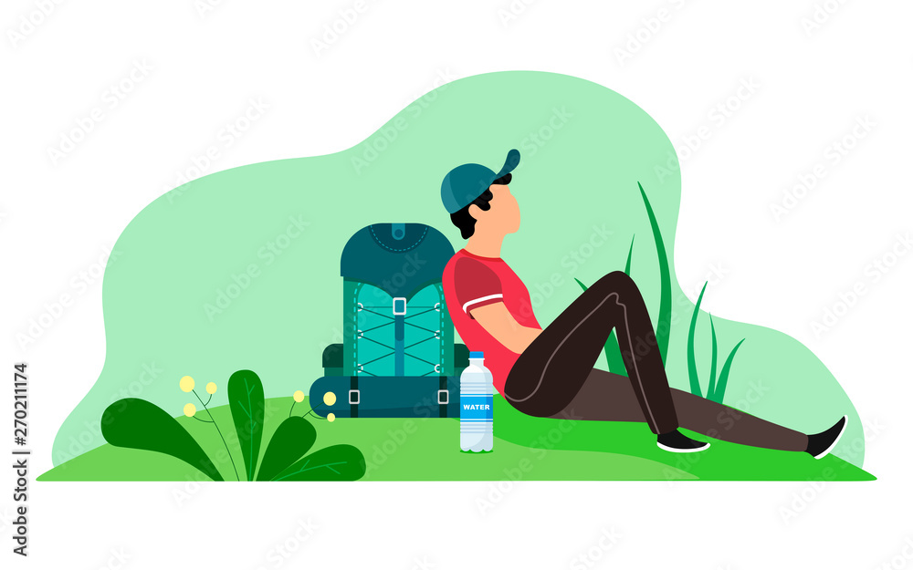 A man with a backpack sat down to quench his thirst. Vector illustration on white background. Leisure