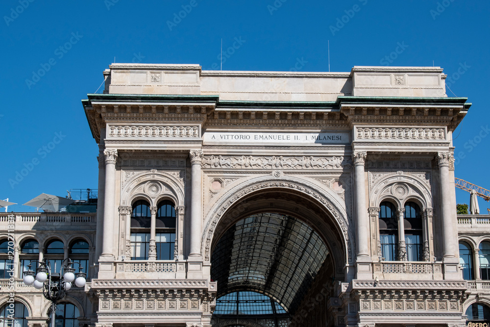 Milan, Italy, Europe: the exterior of the Galleria Vittorio Emanuele II, Italy's oldest active shopping mall and a major landmark of the city, designed in 1861 and built by architect Giuseppe Mengoni 
