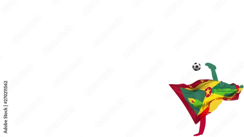 Grenada football player with a flag in the background kicks up a twisted ball and kicks through himself. The ball flies to the screen. Alpha channel transparency for overlay. Grenada football player with a flag in the background kicks up a twisted ball and kicks through himself. The ball flies to the screen. Alpha channel transparency for overlay.