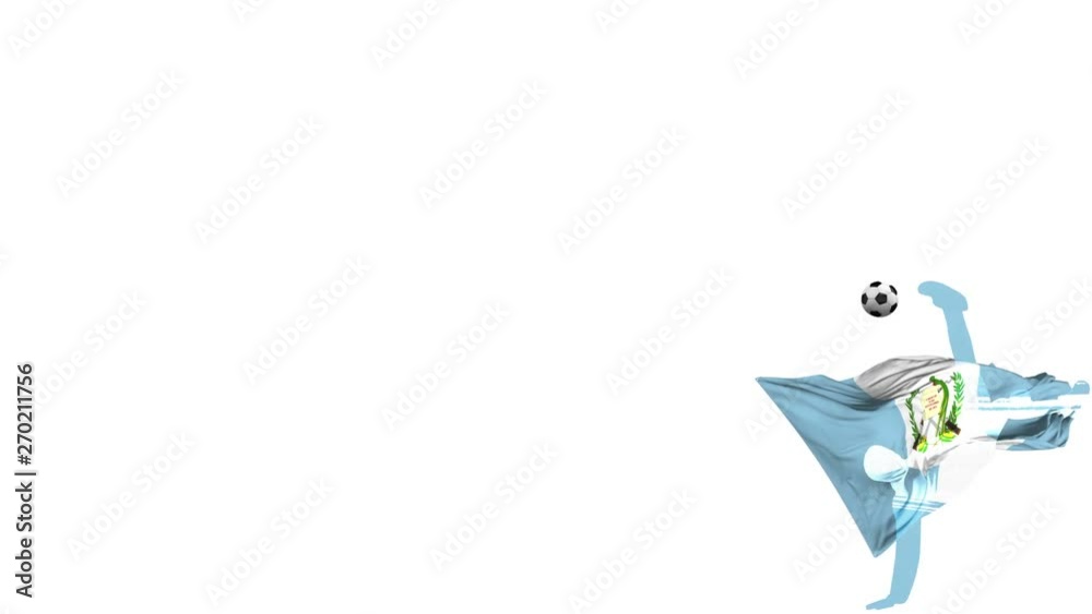 Guatemala football player with a flag in the background kicks up a twisted ball and kicks through himself. The ball flies to the screen. Alpha channel transparency for overlay. Guatemala football player with a flag in the background kicks up a twisted ball and kicks through himself. The ball flies to the screen. Alpha channel transparency for overlay.