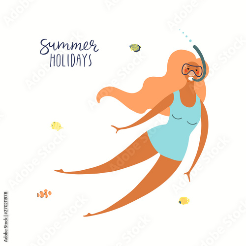 Hand drawn vector illustration of a happy woman swimming underwater, with lettering quote Summer holidays. Isolated objects on white background. Flat style design. Concept, element for poster, banner.