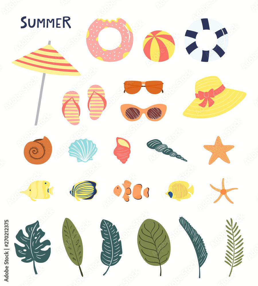 Naklejka premium Big summer set with pool floats, seashells, starfish, fish, palm leaves. Hand drawn vector illustration. Isolated objects on white background. Flat style design. Concept, element for poster, banner.