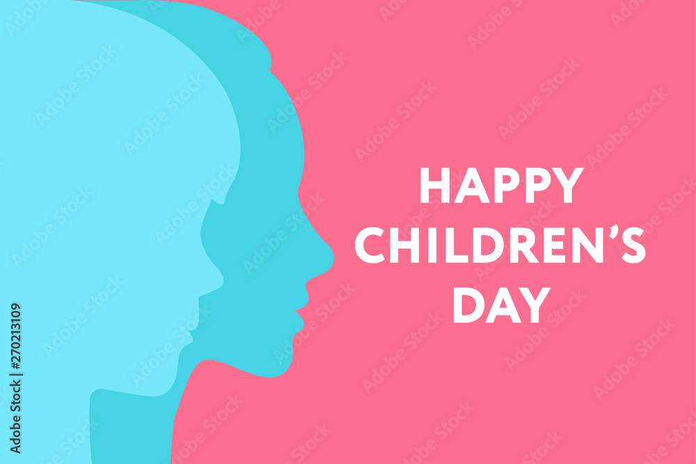 Happy Children Day. Young Boy and Girl Kid Child Profile Silhouette Head Shape. Greeting Card Background.