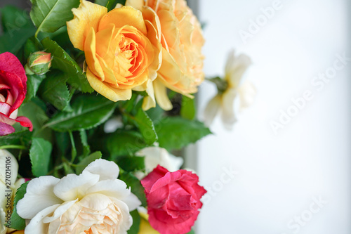 Flowers composition of rose flowers on white background. Flat lay, top view, copy space.