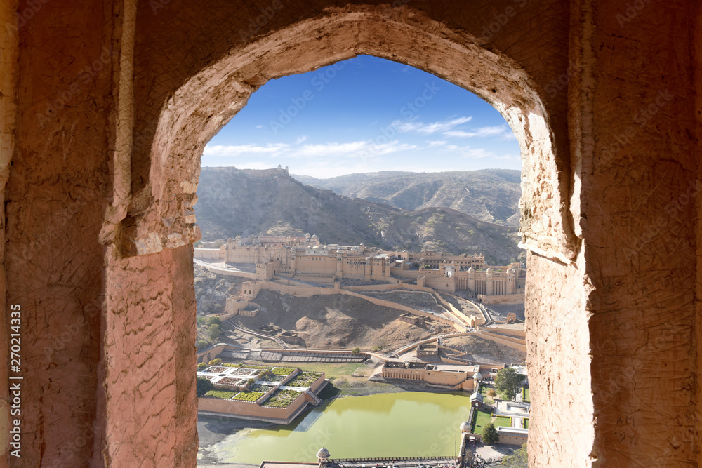 view to massive Amer Amber Fortress and Palace, Jaipur, Rajasthan, India 