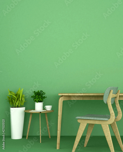Living area or workplace on green wall decoration.  Coffee shop on green tone design. 3D Rendering