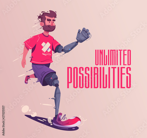 Man with a prosthesis is running. Sport concept. Cartoon vector illustration.