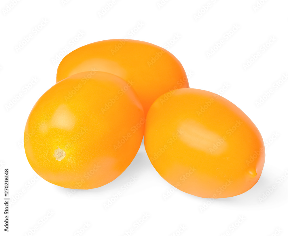 Three yellow tomatoes isolated on white. Close-up. Side view. Design element for print and web. Three yellow tomatoes isolated on white. Close-up. Side view. Design element for print and web.