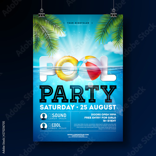 Summer pool party poster design template with water, beach ball and float on blue ocean landscape background. Vector holiday illustration for banner, flyer, invitation, poster.