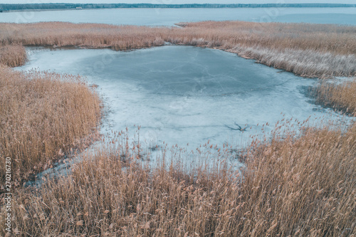 Fototapeta Naklejka Na Ścianę i Meble -  autumn lake with reeds and ice