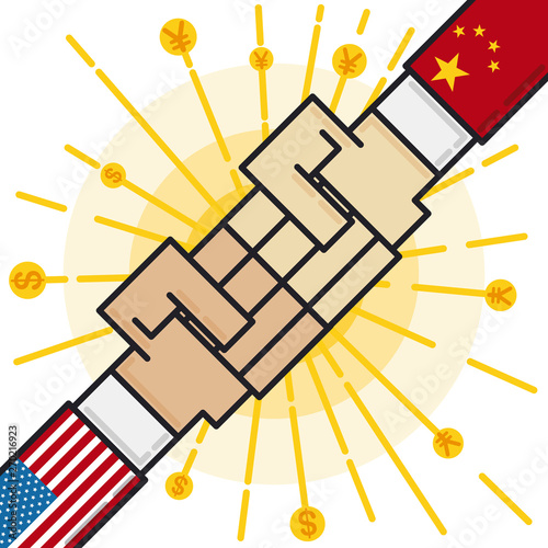American and Chinese Fists Clashing with Coins during Trade War, Vector Illustration