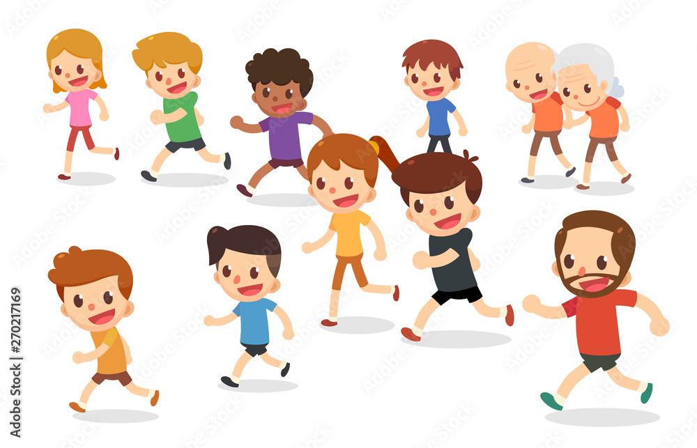 Running cartoon characters. Marathon runners in various ages. Fun run. Running cartoon characters. Marathon runners in various ages. Fun run.