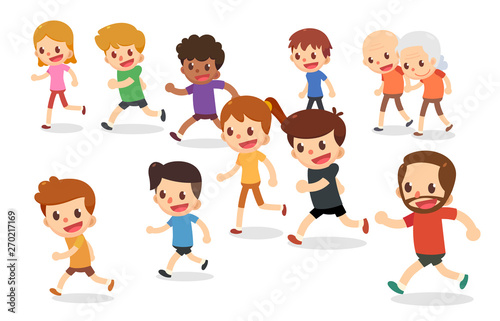 Running cartoon characters. Marathon runners in various ages. Fun run.