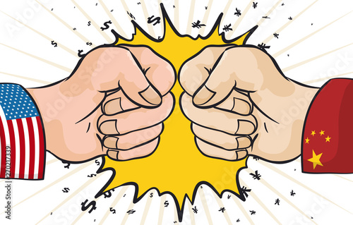 Fist Clashing in Trade War between China and U.S.A., Vector Illustration