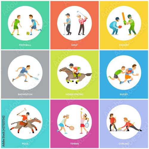 Sport training people, poster set football, golf and cricket, horse racing, badminton and rugby, polo and tennis, curling round icon, sporty man and woman vector