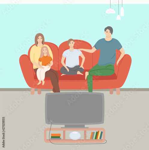 Family watching TV, parents and children sitting together on sofa, mother with daughter, son near dad, hanging lamp, wallpaper in blue color vector