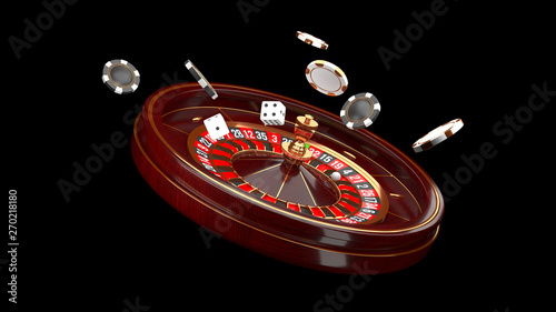 Casino background. Luxury Casino roulette wheel isolated on black background. Casino theme. Close-up white casino roulette with a ball, chips and dice. Poker game table. 3d rendering illustration. photo