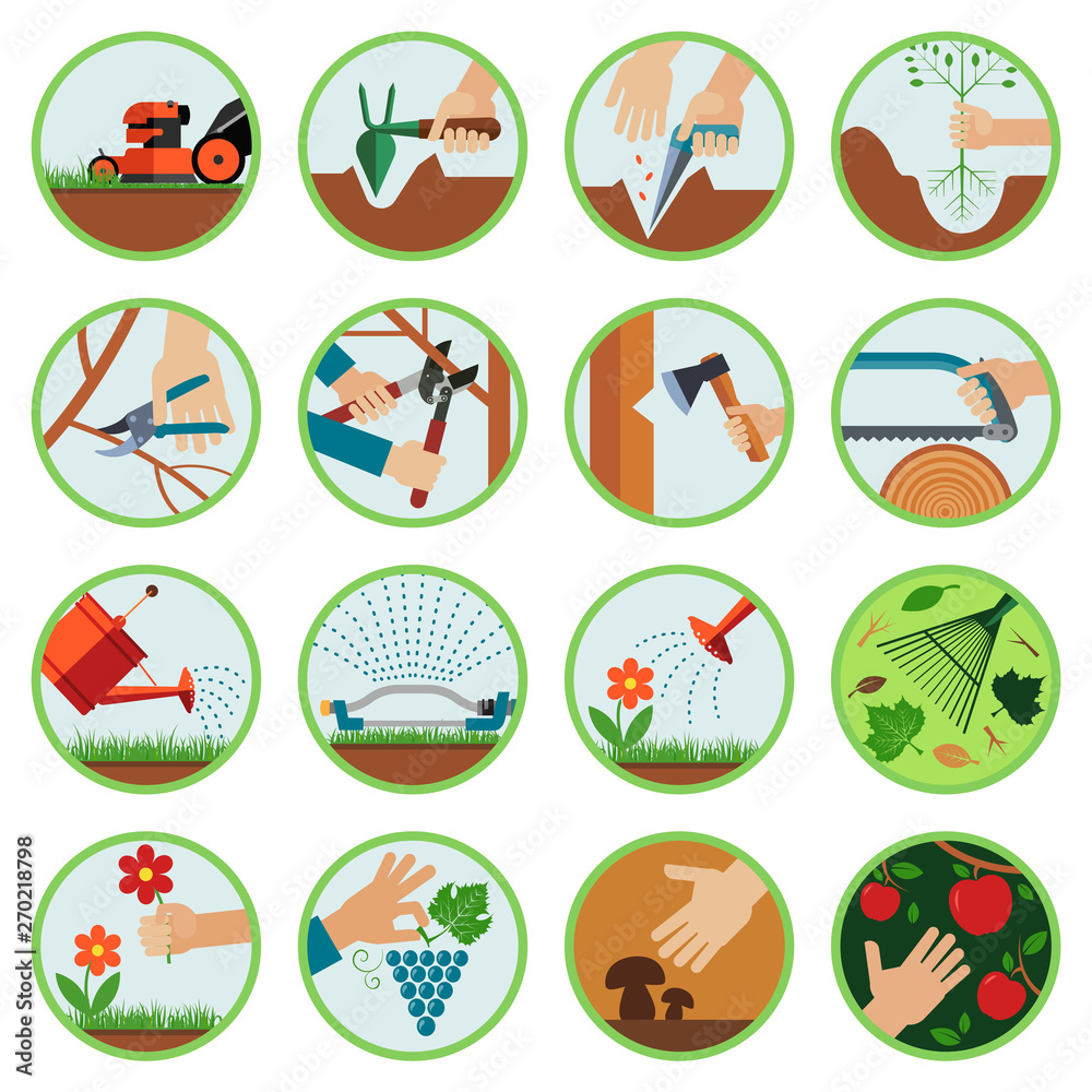 Gardening tools. Flat icon set presenting gardening. Set of various icons presenting different kind of work and usage of tools in gardening, lawn cultivation and in orchard.