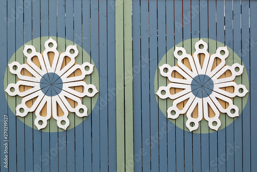 Carved ornament on wooden gate in national style, Kazan, Russia