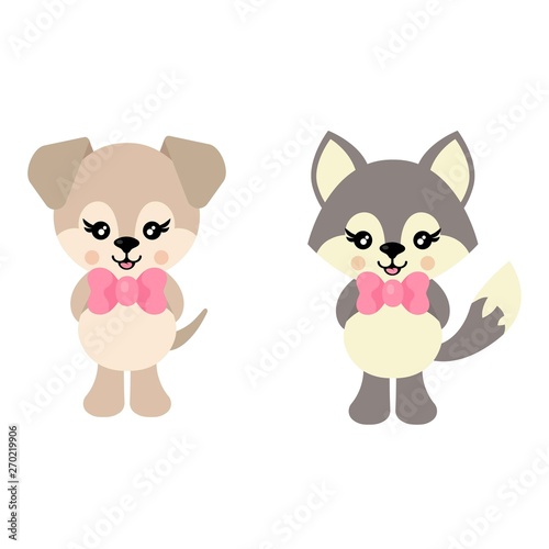cartoon cute dog and wolf with bow vector