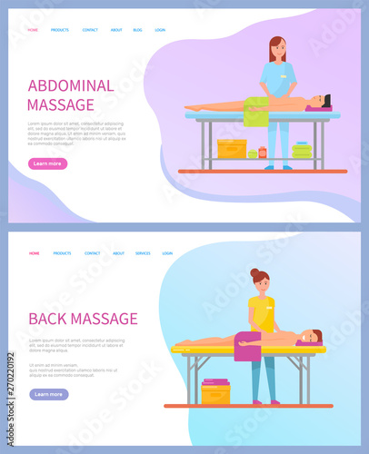 Abdominal and back massage service online order vector. Masseuse and client on table under towel, beauty and health, medical and relaxing procedures