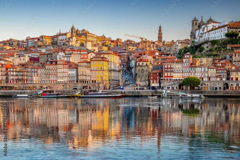 Porto, Portugal old town skyline from across the Douro River.
